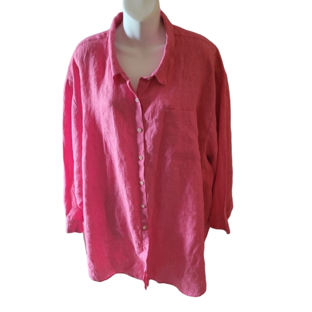 Lands End 100% Linen Raspberry Pink Plus Size 3X Button Front Blouse Tunic